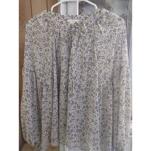 Blu Pepper Floral Cottagecore peasant full Long Sleeve Blouse with tie neck